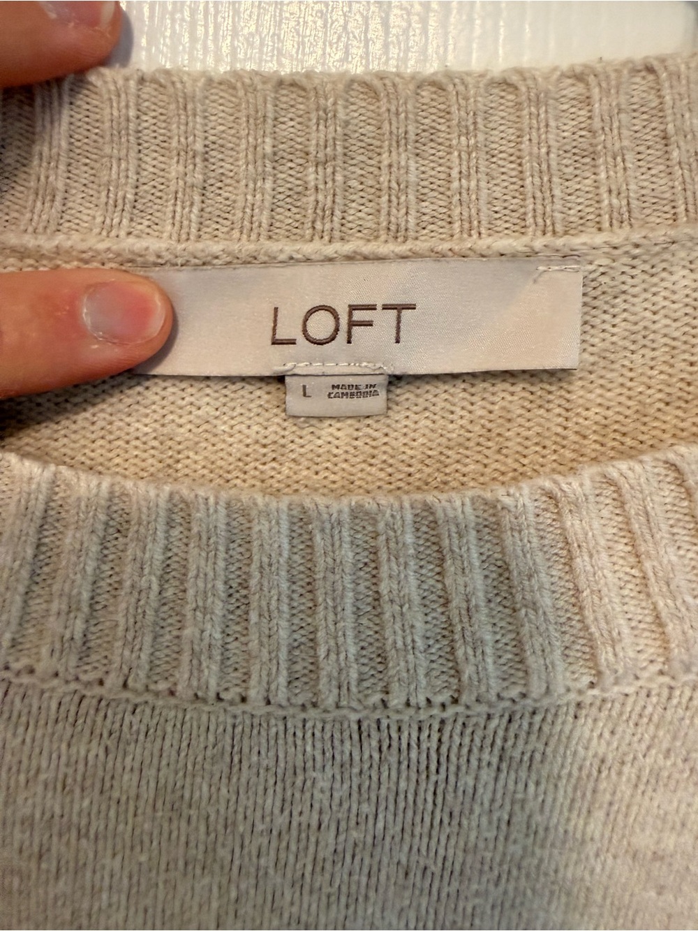 LOFT Light Cream Ribbed Crewneck Sweater